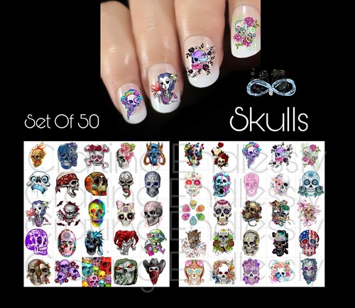 Skulls Waterslide Nail Decals Set Of 50 Instructions & Bonus - 第 1/4 張圖片
