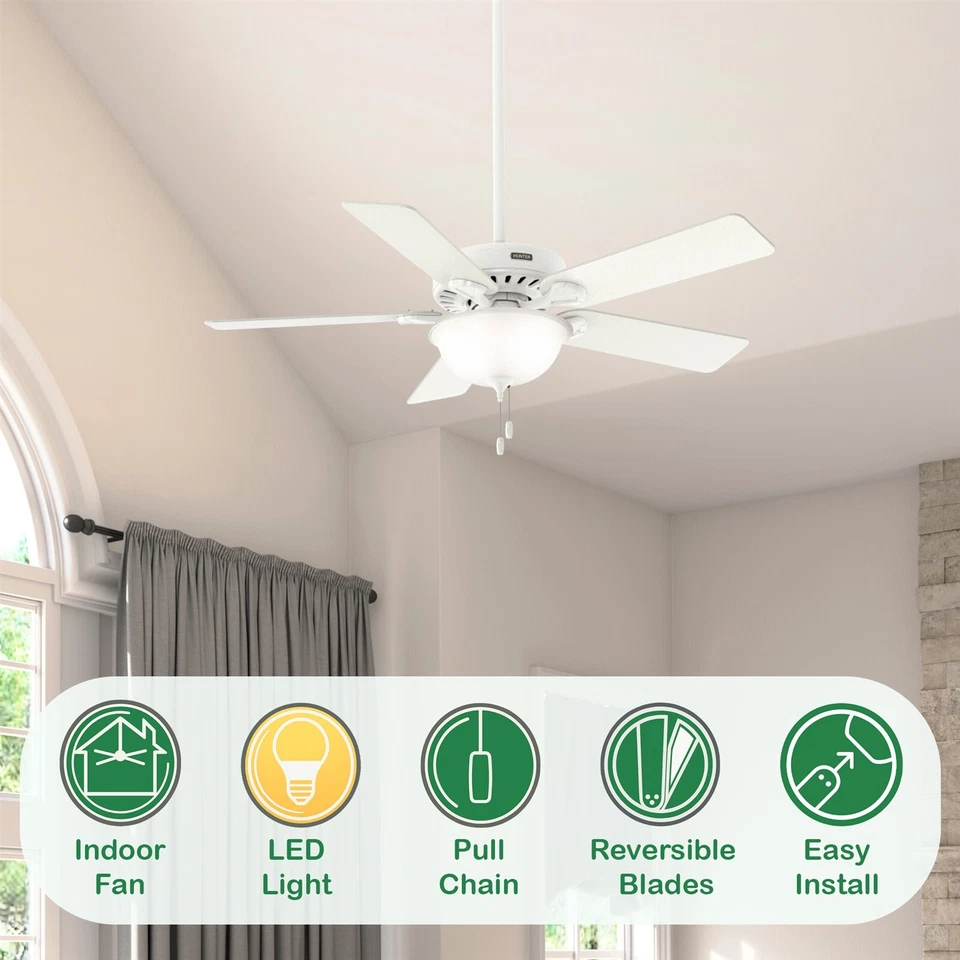 Ventilador de teto Hunter 52 polegadas tradicional branco fresco com luz e corrente de puxar - Imagem 2 de 4