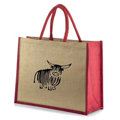 COOCOO Large Jute Hessian Red Trim Shopping Bag - Black Highland Cow / Coo Design