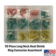 95 Piece Heat Shrink Insulated Long Neck Ring Connector Terminal Assortment USA