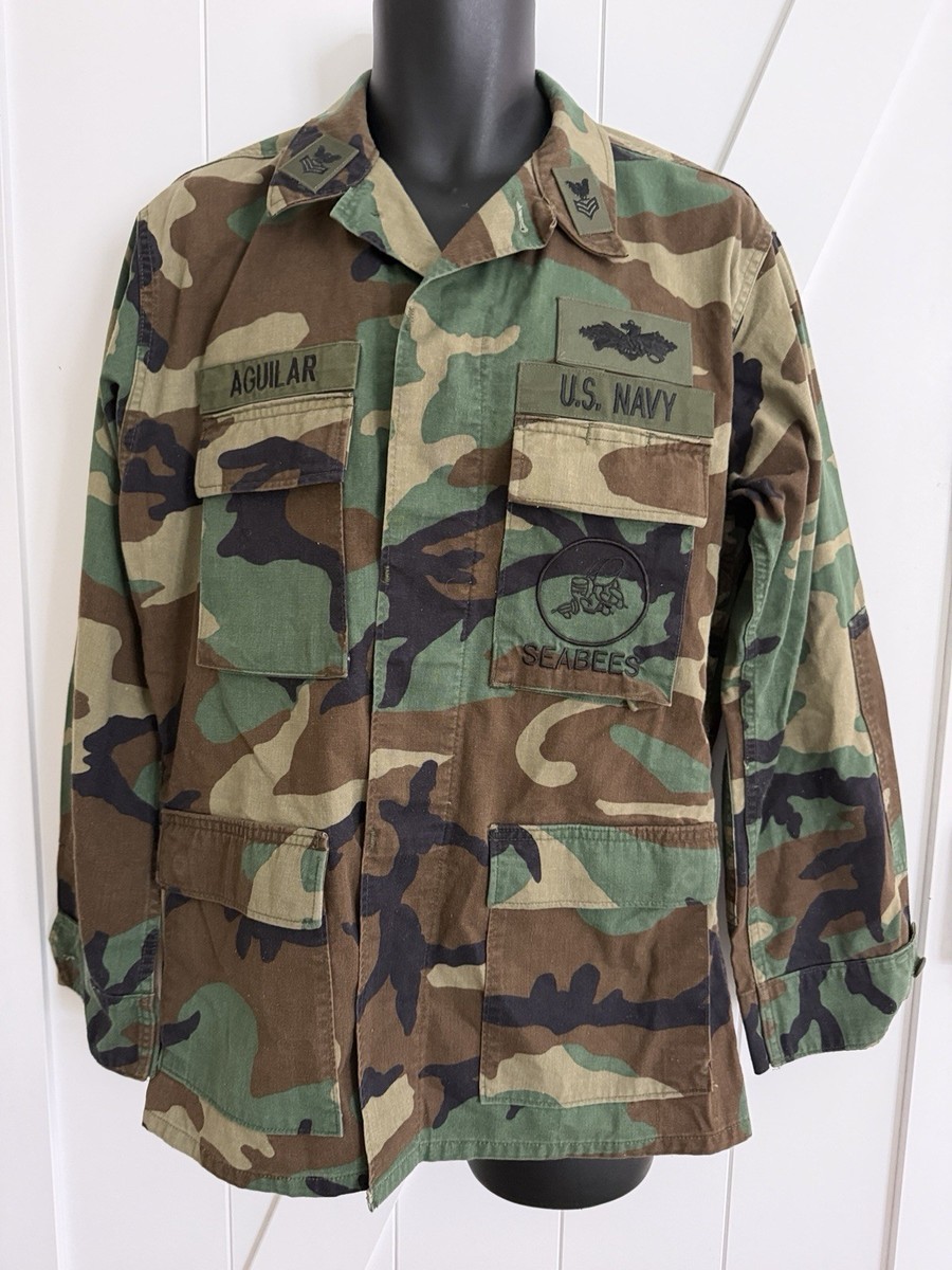 実物U.S. NAVY SEABEES カモフラジャケット M　フルパッチ US Navy Seabees Woodland Camo BDU Jacket Medium Regular Patches