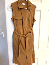 Calvin Klein dress knee-length sleeveless front zip belted pockets Beige 6