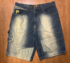 VTG Y2K Jorts Raw Blue Patchwork Denim Shorts Mens 38 Baggy Skater Rave Korea
