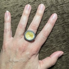 Yellow Gray Round Chunky Handmade Artisan Ceramic Glass Ring Adjustable One Size