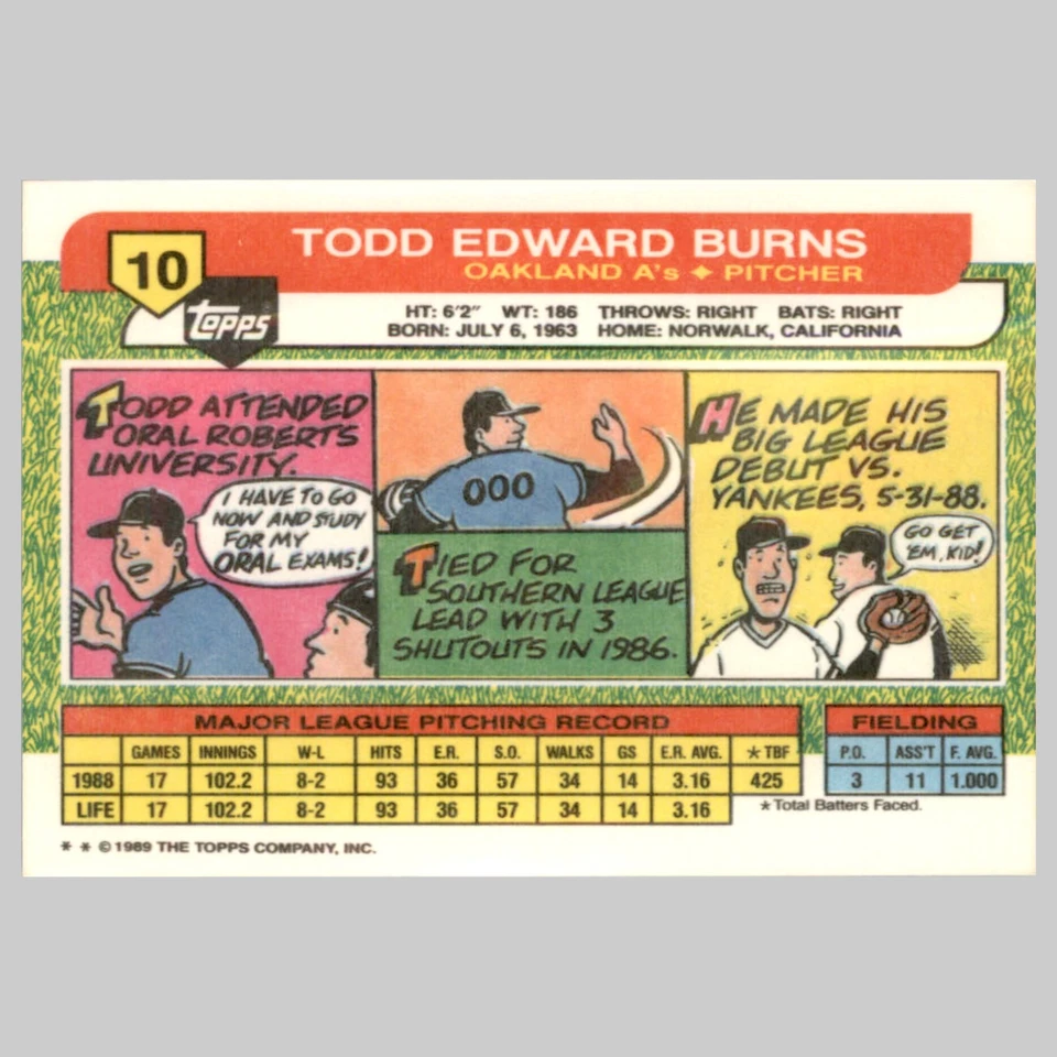 Todd Burns #10 1989 Topps Big Oakland Athletics Baseball Card MLB - Image 2 of 3