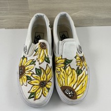 Vans Sunflower Slip On Shoes Women's Size 6 Hand Painted Custom White