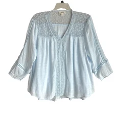 Style And Co Sz XL Blue Peasant Embroidered Crochet Balloon Sleeve Boho