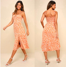 Lulu's Party in Paris Light Orange Print Tie-Strap Midi Dress