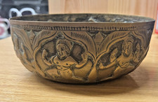 Antique Small Indian Repousse Brass ALMS Bowl with Deities 5x2” (ZA1)