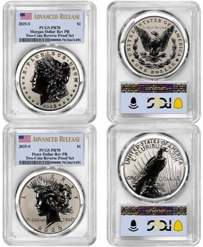 2025 S MORGAN & PEACE SILVER DOLLAR SET PCGS REVERSE PROOF PR70 ADVANCED RELEASE