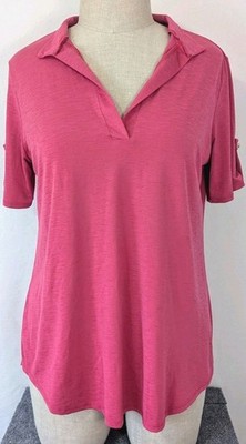Heimish USA Pink High Low Blouse Roll Tab Sleeve Slub Top L XL