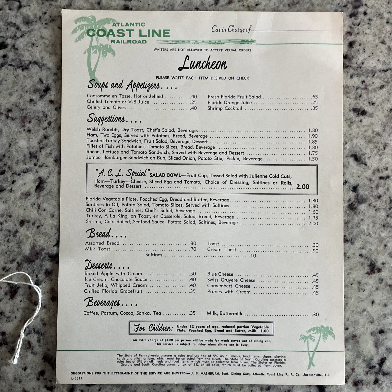 1965 Atlantic Coast Line RR Menu & Baggage Ticket ACL Lunch Train Dining Car