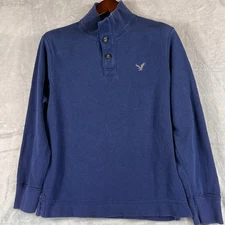 American Eagle Mens L Blue Cotton 3-Button Mock Neck Long Sleeve Pullover