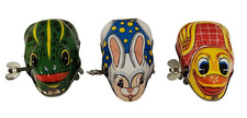 1960's Tin Litho Wind Up Hopping Toys Bird Frog Rabbit K Japan Lot of 3