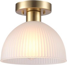 1-Light Semi-Flush Mount Ceiling Light, Matte Brass Finish, Frosted Ribbed Gl...