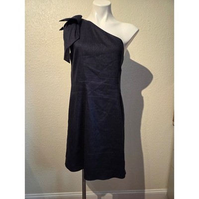 Antonio Melani Navy Blue One Shoulder Bow Shift Dress Size 12 Linen Blend