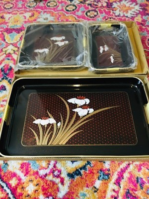 Vtg Lacquerware Tray Wrap Handles Iris Floral Motif  Davar Originals Japan 3 PC