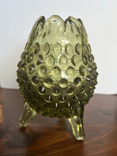 Vintage Fenton Colonial Green Hobnail 3 Footed Toe Egg Vase Candy Spring Easter
