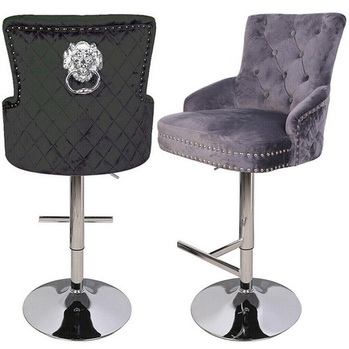 WISFOR Black Luxury Velvet Studded Lion Head Knocker Chrome Leg Bar Chair Stool - Picture 2 of 16