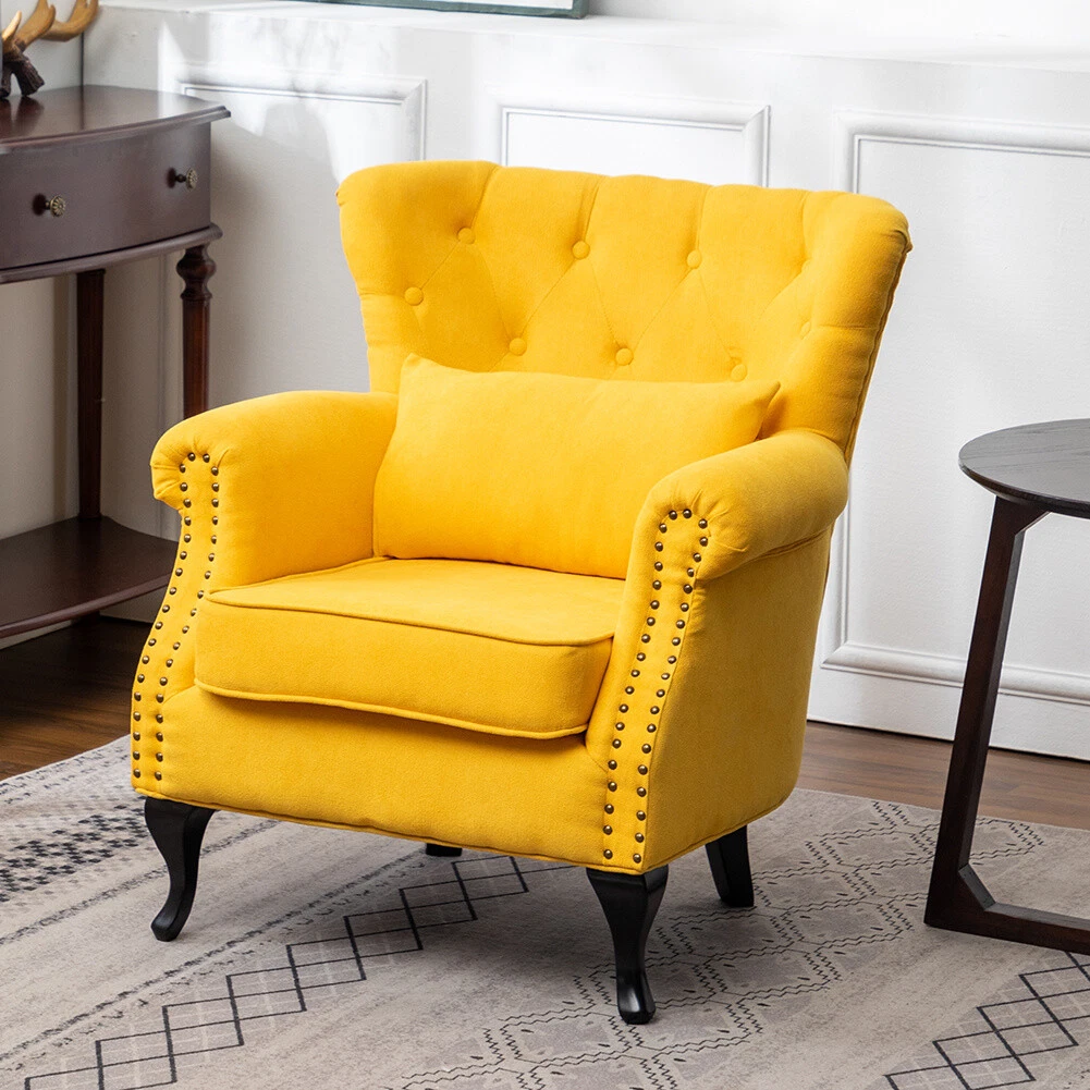 Yellow Fabric Lounge Chair Chesterfield Armchiar Wingback Button Accent Tub Sofa
