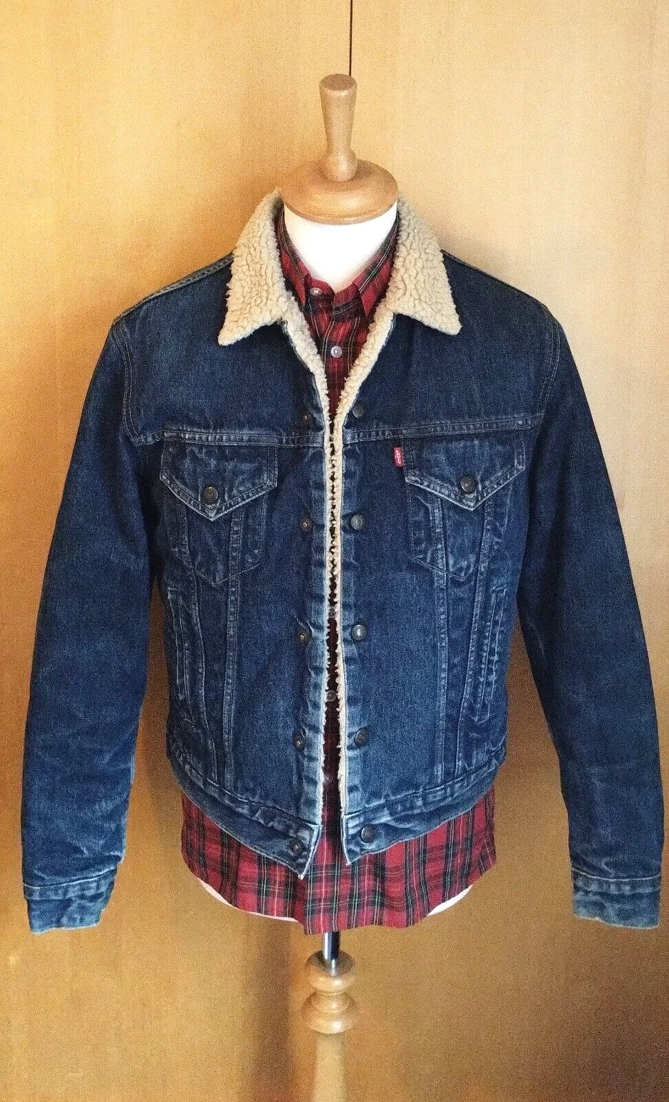 VTG SMALL 71500 DARK WASHED DENIM SHERPA SLIM FIT TRUCKER JACKET 90s BRITPOP