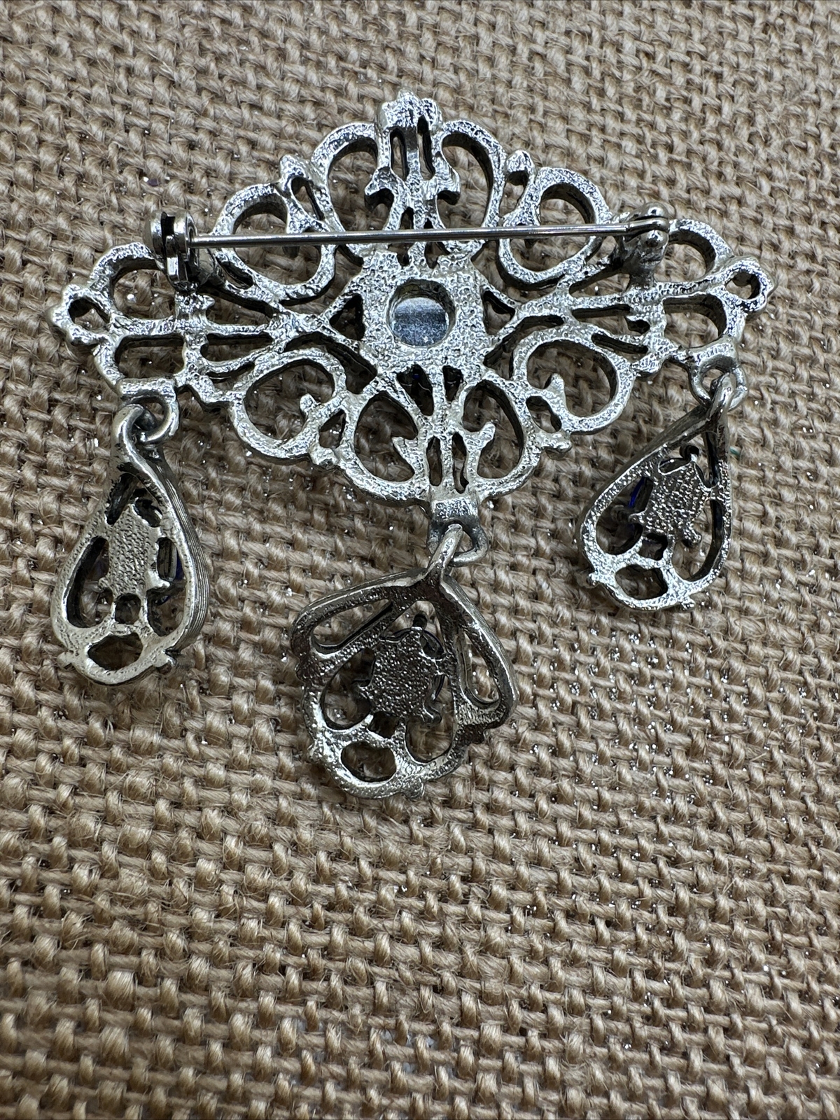 Blue Cabochon Dangle Drop Silver Tone Brooch - image 8