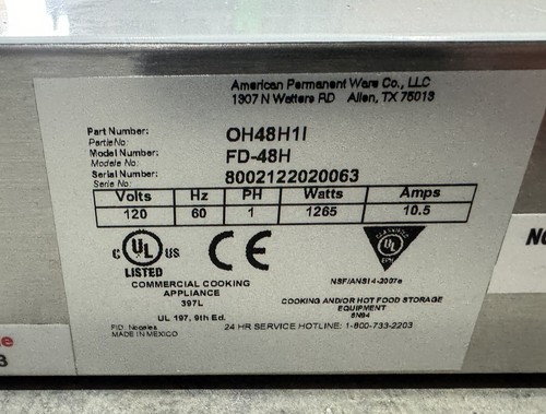 APW Wyott OH48H1I FD-48 HW 120V 1265W Scaldavivande Alta Potenza NUOVO CON SCATOLA! - Foto 12 di 14