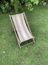Vintage 1960 s Wooden Folding Small Child’s Deckchair Chair Retro Stripe Canvas