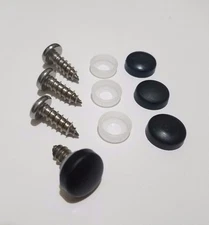 License Plate Security Screw Cap Covers WITH STAINLESS SCREWS - Smooth BLACK OEM