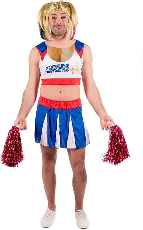 Mens Cheerleader Costume + Pom Poms S M XL Adult Male Funny Bachelor Drag Dress