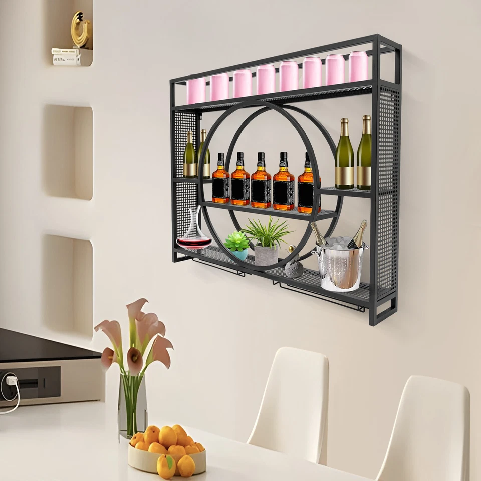Metal Wine Rack Wall Mounted Bar Shelves with Wine Glass Holder Kitchen Black - Image 3 of 4