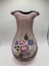 VINTAGE HAND BLOWN PAINTED PURPLE FENTON FLORAL VASE AMETHYST GLASS RUFFLED EDGE