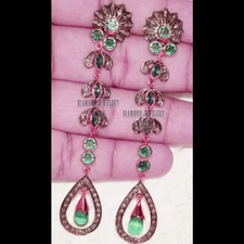Gorgeous 2.79ctw Rose Cut Diamond Emerald Studded Silver Vintage Earring Jewelry