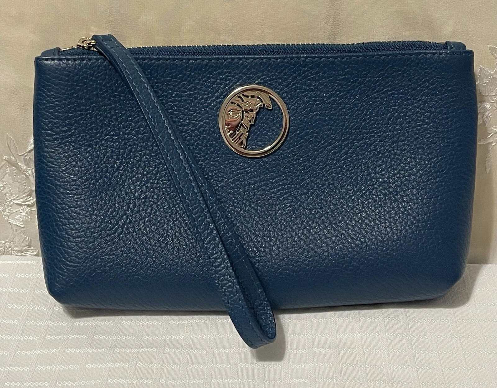 Splendida borsa Versace Medusa da polso con zip blu verde in pelle autentica