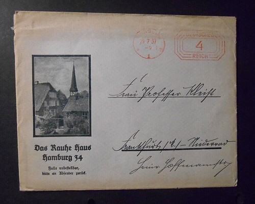 GERMANY,GERMANY 1937 HAMBURG 34 THE ROUGH HOUSE LETTER Bollo 4pf