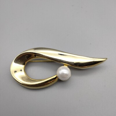 Abstract Modernist Faux Pearl Gold Tone Tear Drop Brooch Pin VTG Estate ...