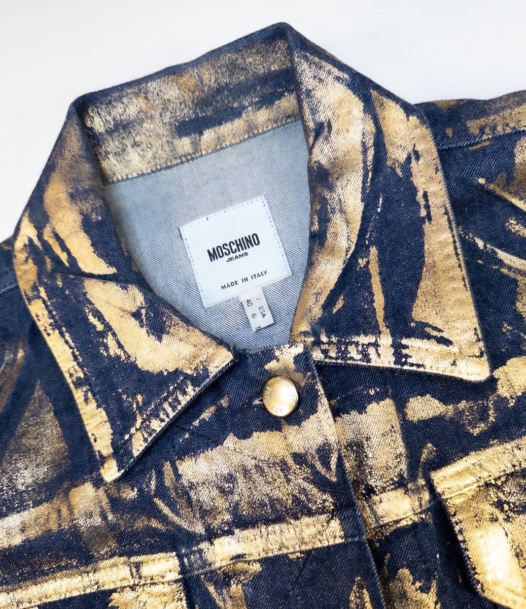 Vintage MOSCHINO 90s Gold Metallic Print Dark Wash Denim Jacket