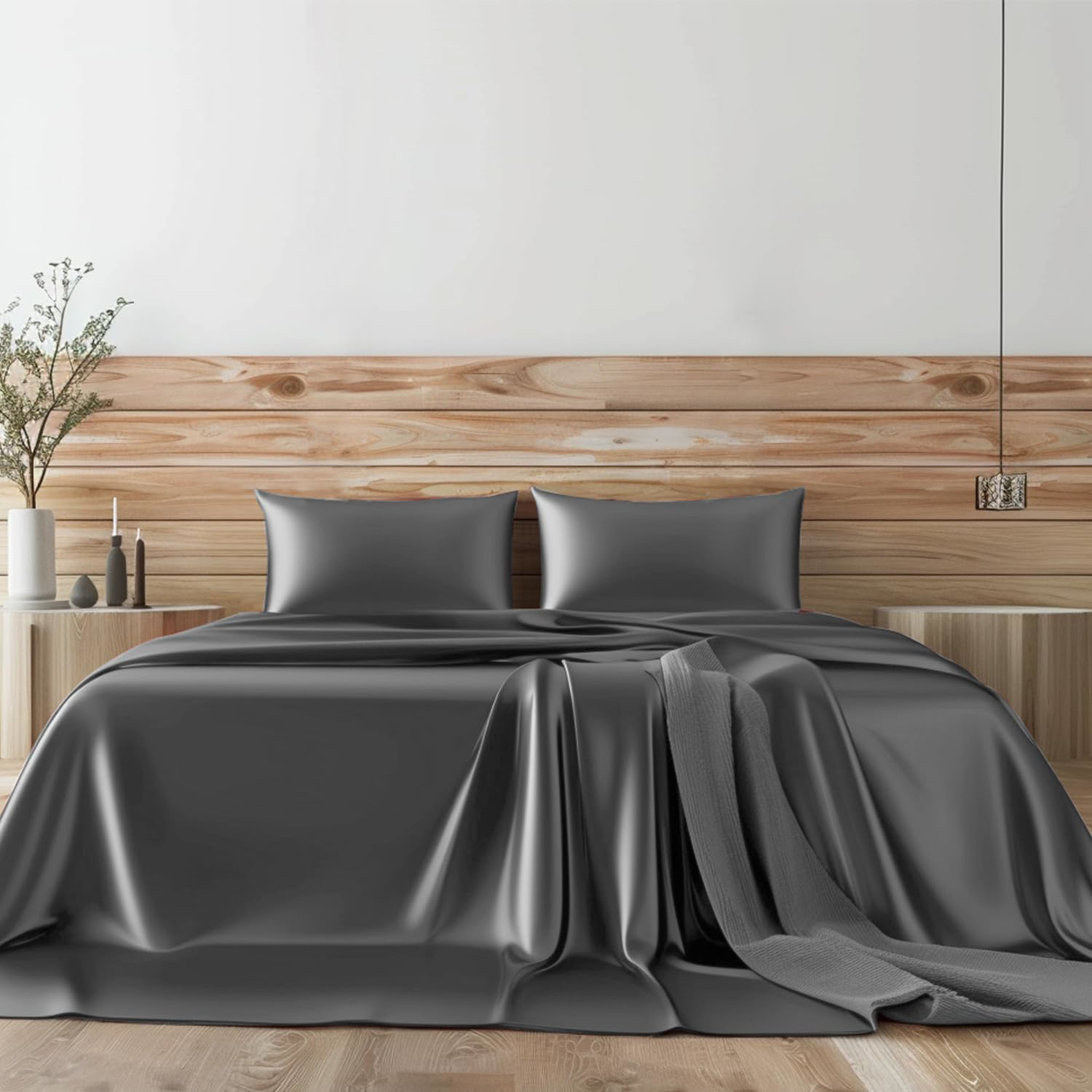 Queen Satin Bed Sheet Set 4 Pcs Soft Durable Dark Grey Hotel Luxury