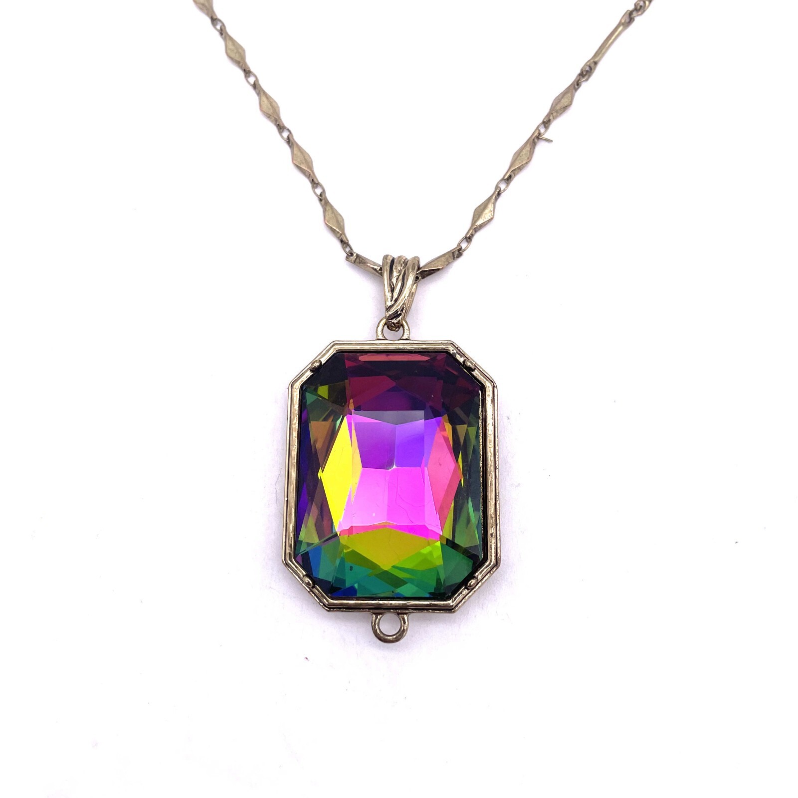 Rainbow Rectangle Gemstone Pendant Chain Necklace… - image 1