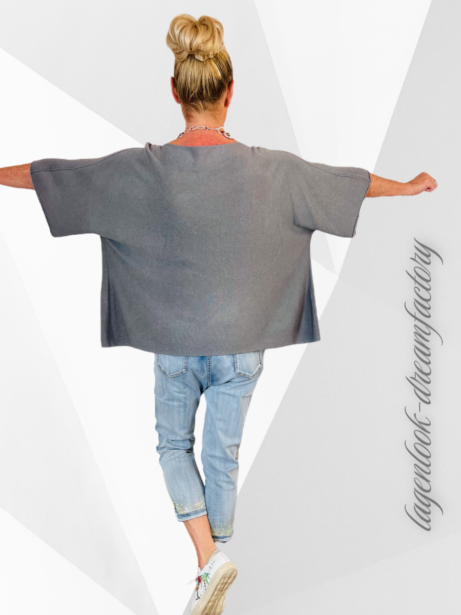Maglione Donna Lagenlook In Misto Viscosa, Grigio Con Strass, Maniche 3/4, Taglie 42-52 (dalla XL Alla 4XL) - Foto 2
