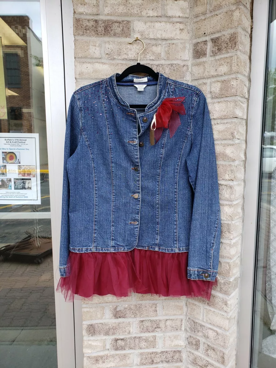 Bohemian/ Victorian upcycled Denim Jacket. Tulle ruffle on the bottom and  sleev