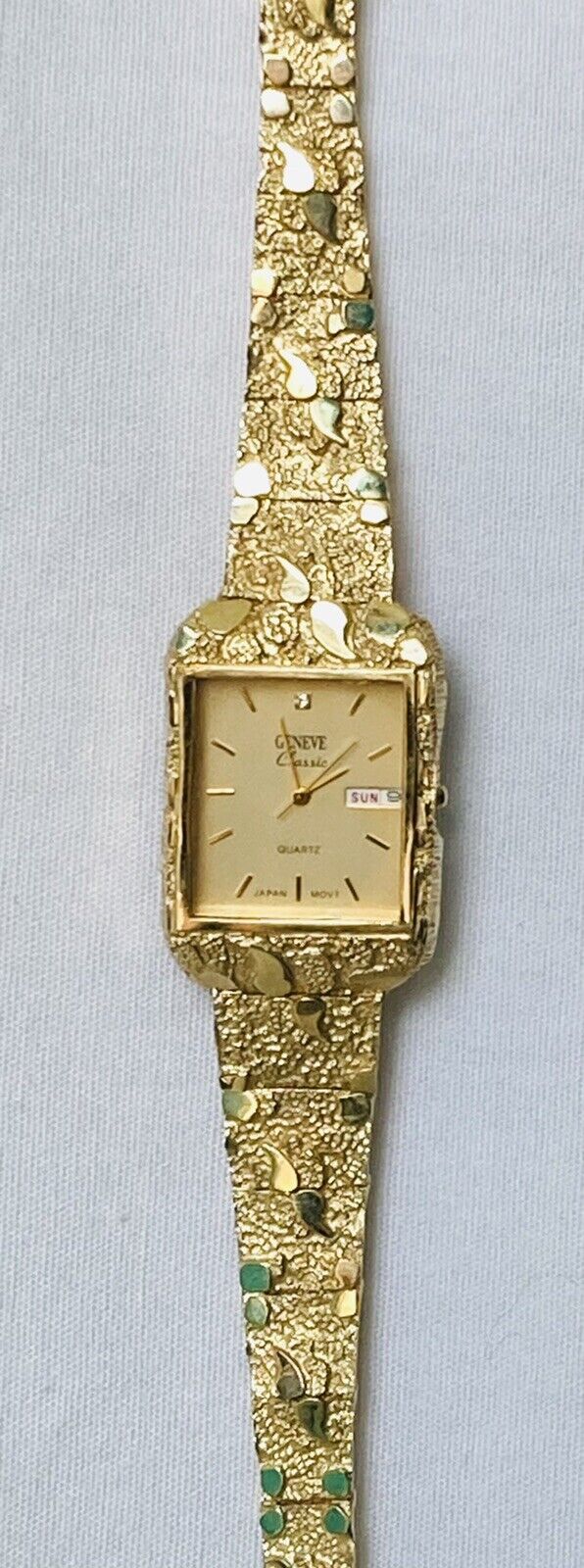 10k Yellow Gold Nugget Link Geneve Watch with Diamond And Date 41 grams