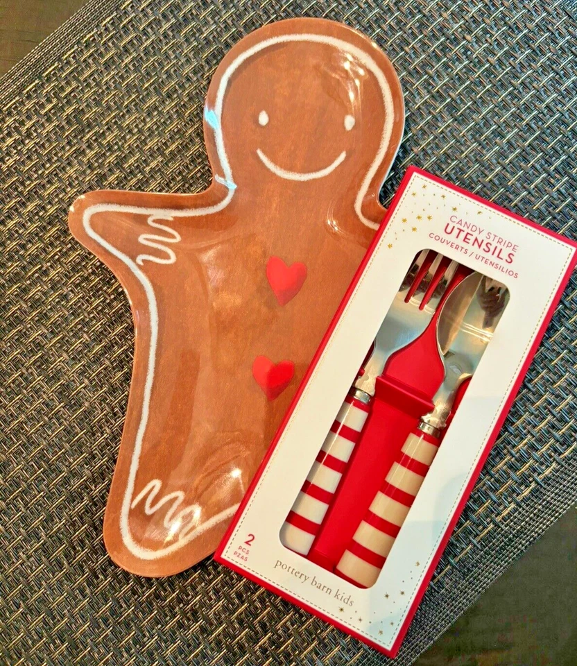 Pottery Barn Navidad Pan de Jengibre PLATO + Bastón de Caramelo UTENSILIO SET 3 - Foto 3 de 4