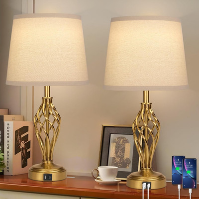 Elegant Touch Table Lamps Set of 2 with USB Ports and 3-Way Dimmer, Gold Design