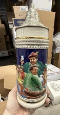 Gerz Germany stein relief colorful people drinking  11 1/2"