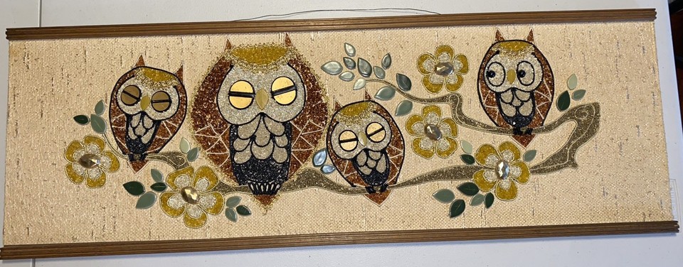 Rare 1960s owl family gravel-pebble mosaic wall art — an extraordinary, labor-intensive folk craft piece that is genuinely one of a kind.