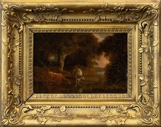 Small c.1810 Sunset Landscape Signed Oil on Panel | Antique Painting & Frame