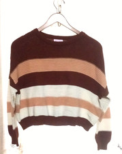Stripe Knit Sweater Brown Crop Length Drop Shoulder Crew Neck Size Small