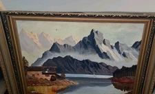 Original Oil On Canvas Painting Seascape Water Mountains Dwelling 33.5X27.5"