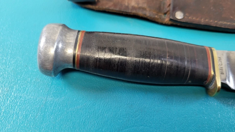 Antiguo cuchillo de caza Gladstone de mármol + funda de cuero 1916 pat. Fecha TR529 Foto 3 de 4